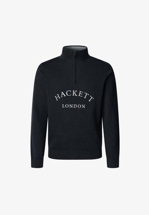 Granatowy sweter z zamkiem pod szyją, wykonany z dzianiny, z białym napisem "HACKETT LONDON" na piersi. Długie rękawy i ściągacze przy mankietach.