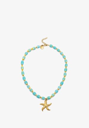 Keten van kralen met turquoise en goudkleurige accentkralen, afgewerkt met een gouden zeester hanger en een schakelsluiting.