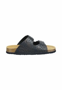 Black sandal featuring a patterned upper with a subtle design, cork footbed, and two adjustable buckles. Textured outsole for grip.