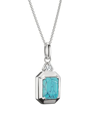 Silberkette mit einem rechteckigen Türkis-Anhänger, der in Silber gefasst ist, und einem kleinen klaren Edelstein darüber.