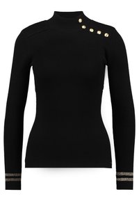 Pull noir à col roulé à manches longues à côtes, avec des accents de boutons dorés sur l'épaule et des poignets rayés métalliques.