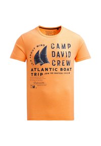 Orange cotton t-shirt featuring a round neck, short sleeves, and black printed text with nautical motifs and accents.