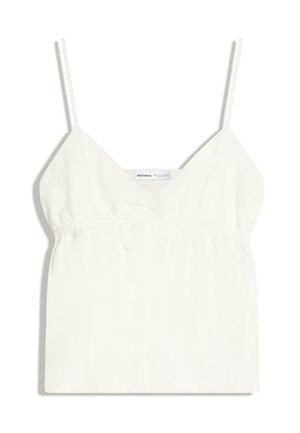 Bela brezrokavnik s tankimi naramnicami, V-izrezom, nabranim detajlom pod prsmi in etiketo z napisom „Bershka“ znotraj izreza.