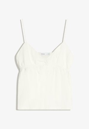 Bela brezrokavnik s tankimi naramnicami, V-izrezom, nabranim detajlom pod prsmi in etiketo z napisom „Bershka“ znotraj izreza.