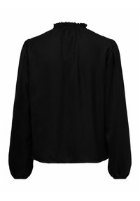 Blusa nera a maniche lunghe con colletto alto arricciato e polsini elasticizzati, vista da dietro.