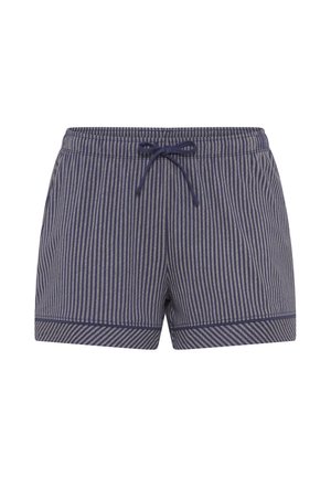 Marineblaue Shorts mit dünnen vertikalen weißen Streifen, einem elastischen Bund und einem marineblauen Kordelzug, der vorne zu einer Schleife gebunden ist.