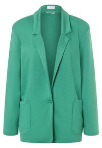 Grön, mjuk tygblazer med trekantig krage, enkel knappstängning och två framsidan fickor; avslappnad passform med långa ärmar.
