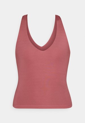 Top senza maniche a scollatura a V in rosa tenue, realizzato in tessuto liscio. Design aderente con un orlo semplice e senza ulteriori decorazioni.