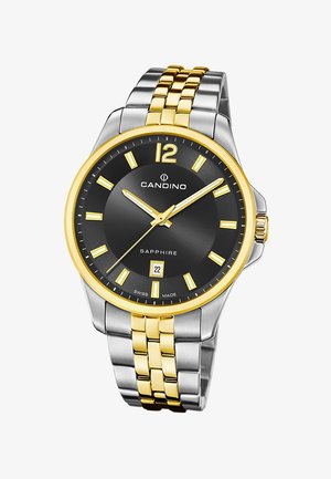 Silberne und goldene Edelstahl-Uhr mit schwarzem Zifferblatt, gelben Stundenmarkierungen und Datumsanzeige. Verfügt über ein Saphirglas und ein zwei-farbiges Armband.