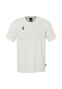 Hvid bomulds T-shirt med rund hals og korte ærmer. Indeholder et lille sort grafik på brystet og et grønt mærke ved kanten.