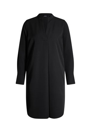 Schwarzes langärmliges Kleid mit V-Ausschnitt und ohne Verschlüsse. Hergestellt aus glattem Stoff, mit geradem Schnitt und seitlichen Schlitzen am Saum.