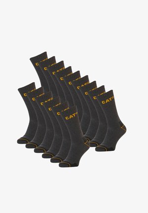 Gray fabric socks, crew length, featuring CAT® logo in yellow. Contrast yellow heel and toe, 12 pairs displayed in a stacked arrangement.