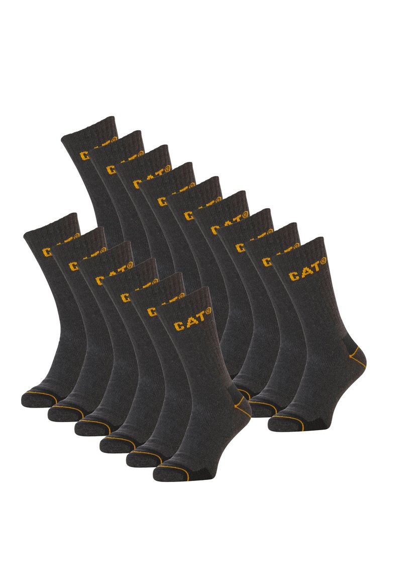 Chaussettes en tissu gris, longueur crew, avec le logo CAT® en jaune. Talon et pointe contrastés en jaune, 12 paires présentées dans une disposition empilée.