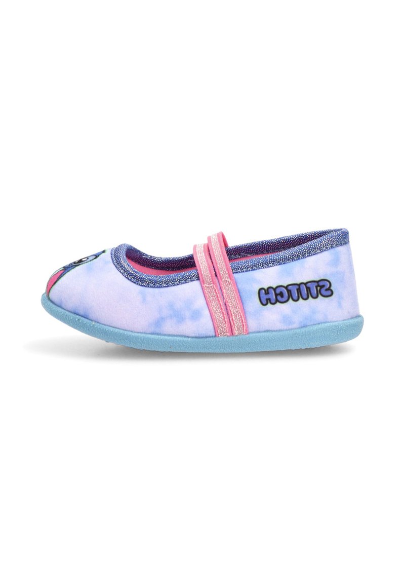 Zapatillas infantiles de color azul claro y púrpura con correas elásticas rosas, suela azul y un diseño del personaje Stitch en la parte delantera y lateral.