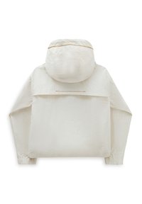 Hvid hættejakke med en krøllet tekstur, elastiske manchetter og en dekorativ stikning over ryggen. Simpelt, minimalistisk design.