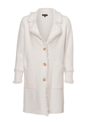 Langer, weißer Cardigan aus weichem, strukturiertem Stoff, mit einem Schalkragen, vier großen Knöpfen und zwei vorderen Taschen mit flauschigem Saum.