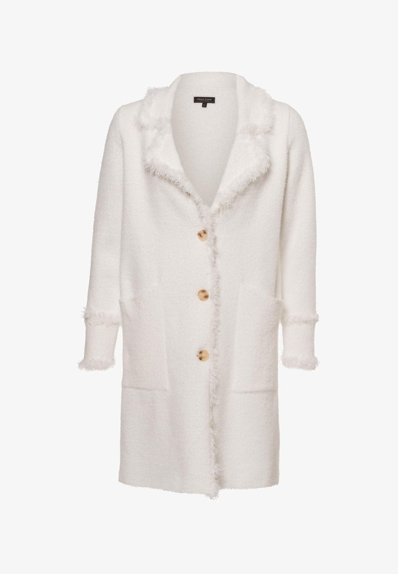 Langer, weißer Cardigan aus weichem, strukturiertem Stoff, mit einem Schalkragen, vier großen Knöpfen und zwei vorderen Taschen mit flauschigem Saum.