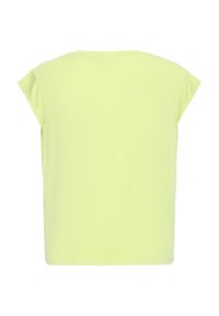 Chemise légère unie vert clair à manches courtes avec un col rond, présentée à plat vue de dos sur un fond blanc.