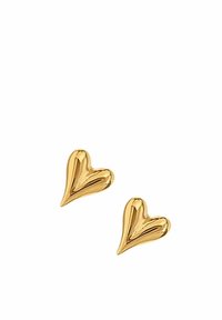 Orecchini a forma di cuore in oro con superficie texturizzata, caratterizzati da un design simmetrico e scanalature distintive per un dettaglio aggiuntivo.