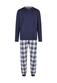 Marineblauw langemouwen top met drie knopen, gecombineerd met een geblokte broek in marineblauw, wit en rood. Zachte stof; elastische boorden bij de enkels.
