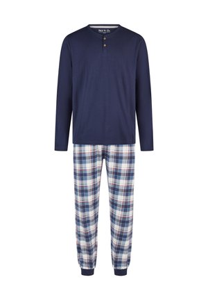 Marineblaues Langarmoberteil mit dreifacher Knopfleiste, kombiniert mit karierten Hosen in Marineblau, Weiß und Rot. Weicher Stoff; elastische Bündchen an den Knöcheln.