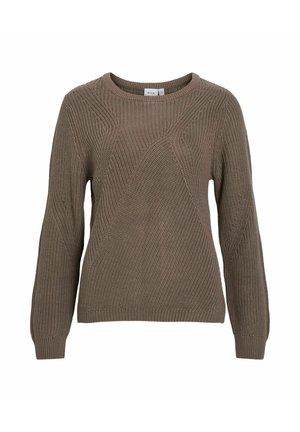 Pull en maille marron avec un col rond, un design texturé et des manches longues présentant des motifs en côtes diagonales.