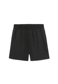 Pantaloni corti neri realizzati in tessuto leggero, con vita elasticizzata e un fit comodo, dalla texture liscia e senza motivi visibili.