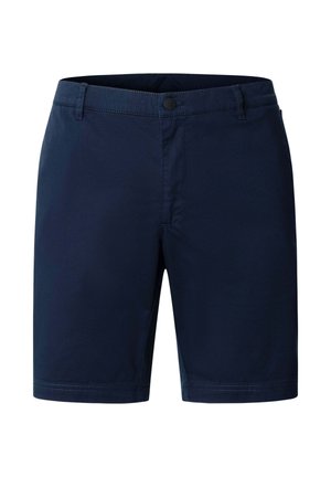 Shorts pour hommes bleu marine avec passants de ceinture, bouton à l'avant et fermeture éclair, présentant une coupe droite et un design épuré.