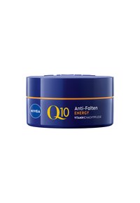 Runder blauer Behälter mit glatter Oberfläche, gelben Akzenten und weißem Text. Beschriftet mit "NIVEA Q10 Anti-Falten Energy Vitamin C Nachtpflege."