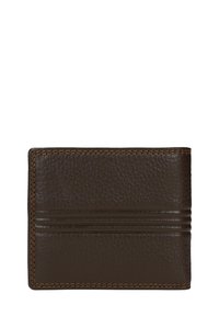 Brązowy skórzany portfel z fakturowaną powierzchnią, wyposażony w trzy poziome kieszenie na karty, kontrastujące pomarańczowe przeszycia oraz składany wzór.