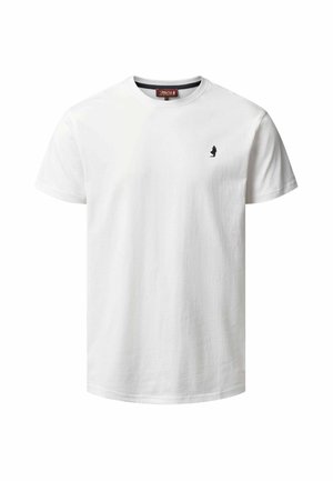 Wit T-shirt met korte mouwen en een ronde hals, met een klein zwart geborduurd logo op de linkerbuste en een bordeaux merklabel binnenin de kraag.