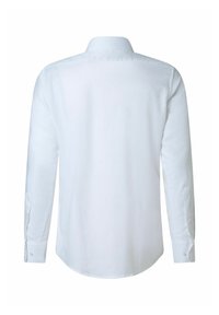 Weißes Langarmhemd, taillierte Passform, Baumwollstoff, geknöpfte Manschetten, Umlegekragen, glatte Textur, leicht geschwungener Saum hinten.