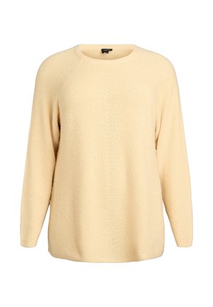 Lichtgele gebreide trui met een ronde hals, lange raglanmouwen en een gestructureerd patroon. Heeft een eenvoudig, ontspannen model.