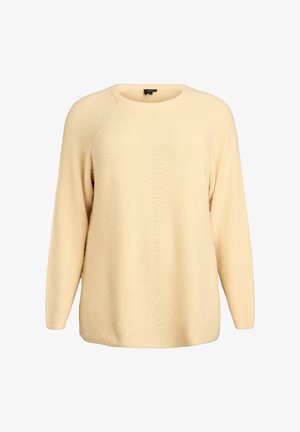 Lichtgele gebreide trui met een ronde hals, lange raglanmouwen en een gestructureerd patroon. Heeft een eenvoudig, ontspannen model.