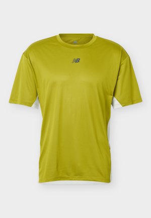 Light green short-sleeve athletic shirt with white mesh side panels and small dark gray New Balance logo on the chest.