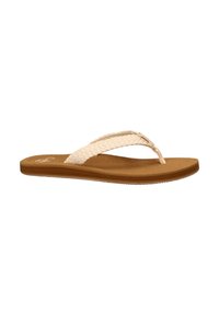 Geweven beige flip-flop sandaal met een gestructureerde band. Lichtbruine, gevoerde zool met een lichte hak, kenmerken een gladde afwerking en een flexibele vormgeving.