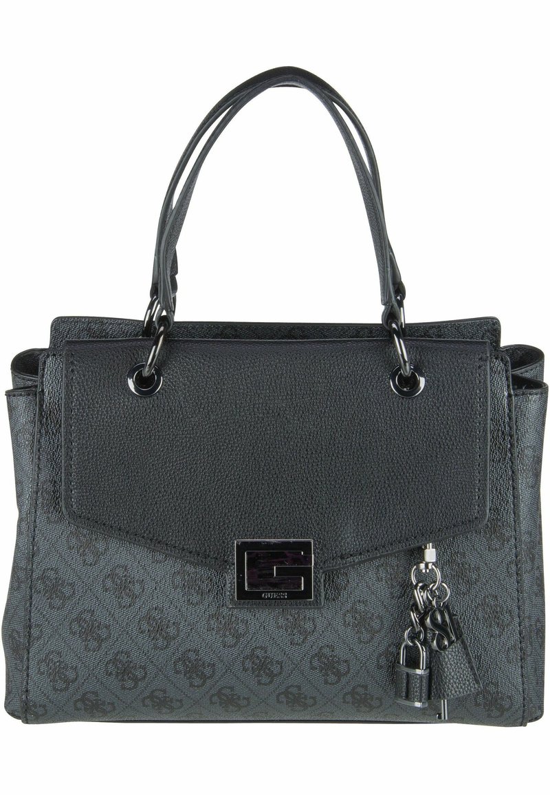 Sac à main Guess noir en tissu à motifs, rabat texturé, fermoir logo en métal, doubles poignées, avec un cadenas et une clé en guise de breloque attachée.
