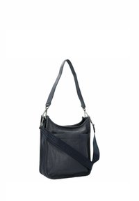Borsa a spalla in pelle blu scuro con tracolla regolabile e tasca frontale, progettata per un uso quotidiano casual.