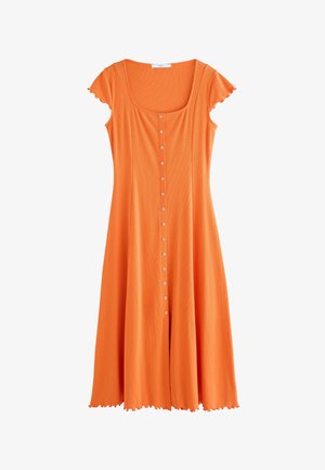 Robe midi orange avec manches courtes festonnées, encolure dégagée, fermeture boutonnée à l'avant et ourlet évasé.