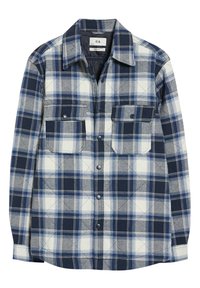 Rutigt skjorta i marinblå, vit och grå nyanser. Har en knäppning fram, två bröstfickor och en klassisk krage med vadderad foder.