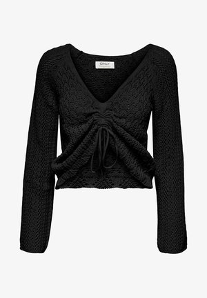Schwarzer, kurz geschnittener Pullover mit langen Ärmeln, V-Ausschnitt, strukturiertem Strickmuster und verstellbarem Frontknoten.