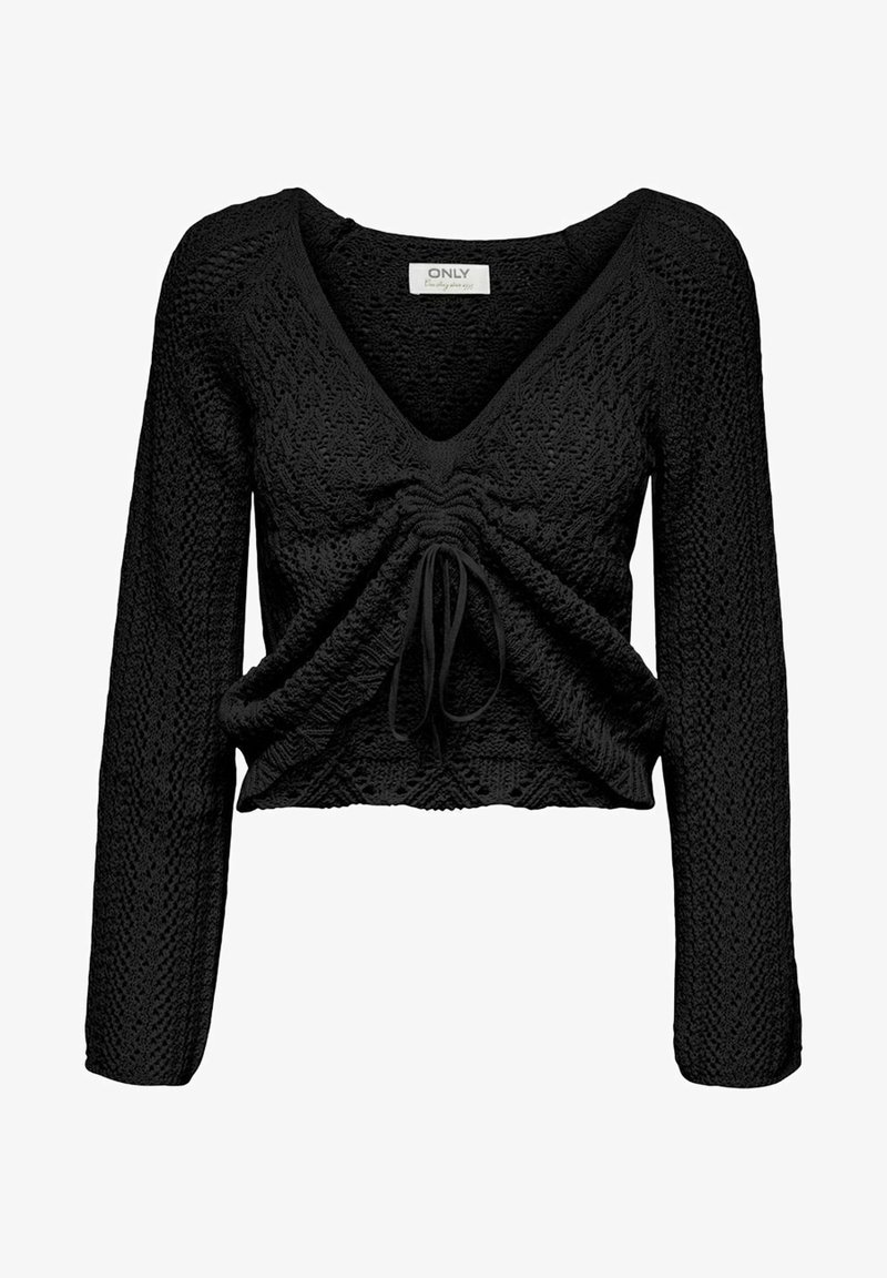 Pull noir court avec manches longues, col en V, motif tricoté texturé et détail ajustable à nouer à l'avant.