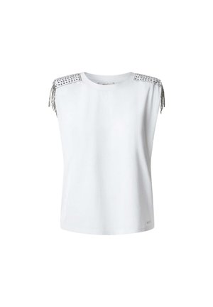 Top senza maniche bianco in tessuto morbido, con accenti decorativi in argento e frange sulle spalle. Collo rotondo semplice, vestibilità rilassata.