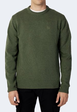 Mand iført en olivengrøn strikket sweater med ribstrikkede manchetter og kant, stående foran en ensfarvet lys baggrund.