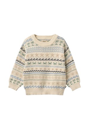 Pull en tricot beige avec des vagues bleues, des palmiers verts et des motifs de crabes en bandes horizontales, doté de manches longues et d'un col rond.