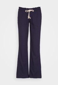 Hosen aus einem navyblauen Leinen-Mix mit ausgestellter Form, elastischem Bund und einer cremefarbenen Kordel. Mit zwei seitlichen Taschen.