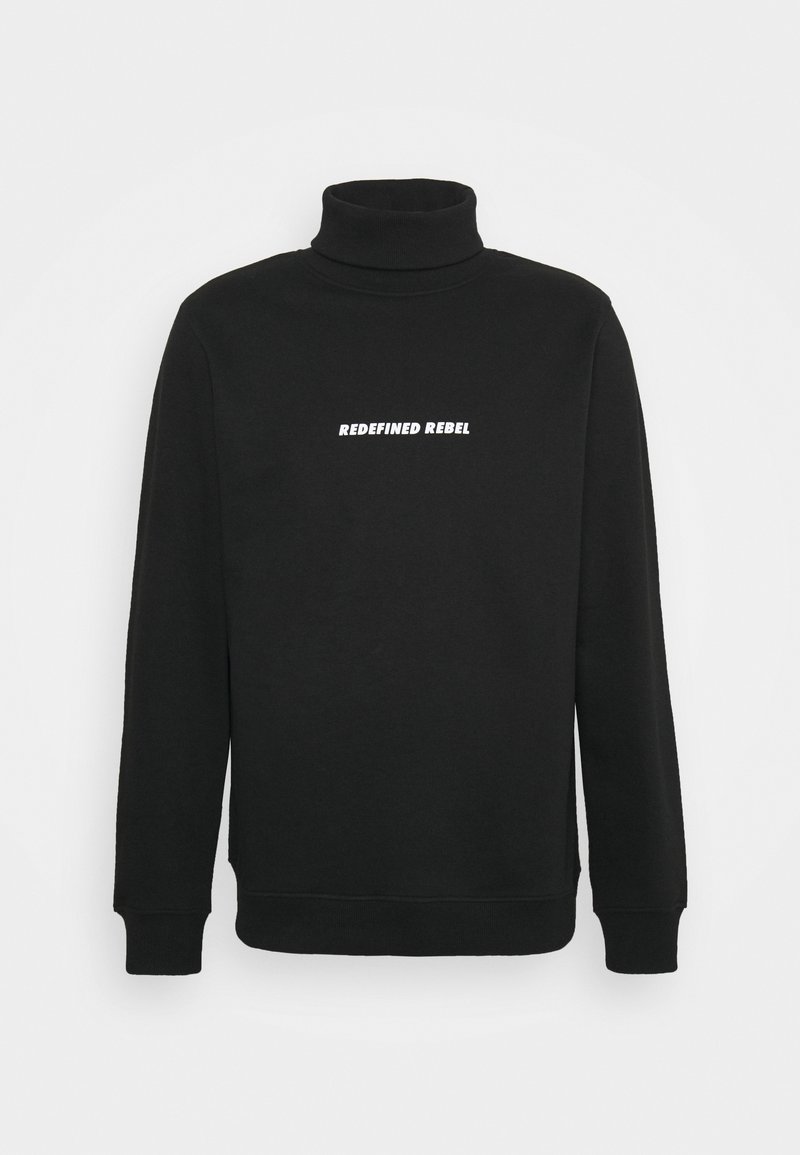 Sweat-shirt noir à col roulé à manches longues avec le texte blanc "REDEFINED REBEL" centré sur la poitrine, sur un fond uni.