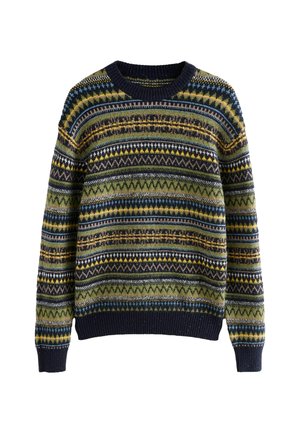 Pulover tricotat cu guler rotund și modele variate multicolore în verde, bleumarin, galben și albastru. Manșete și tiv cu nervuri.