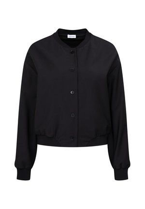 Black button-up bomber jacket with long sleeves, ribbed cuffs, and a ribbed hem.