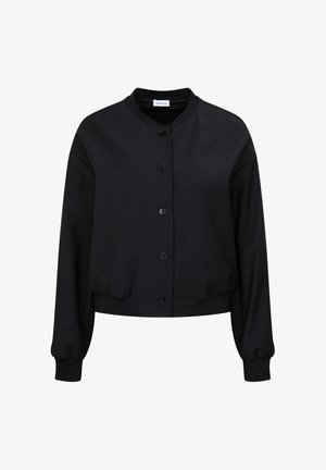Black button-up bomber jacket with long sleeves, ribbed cuffs, and a ribbed hem.